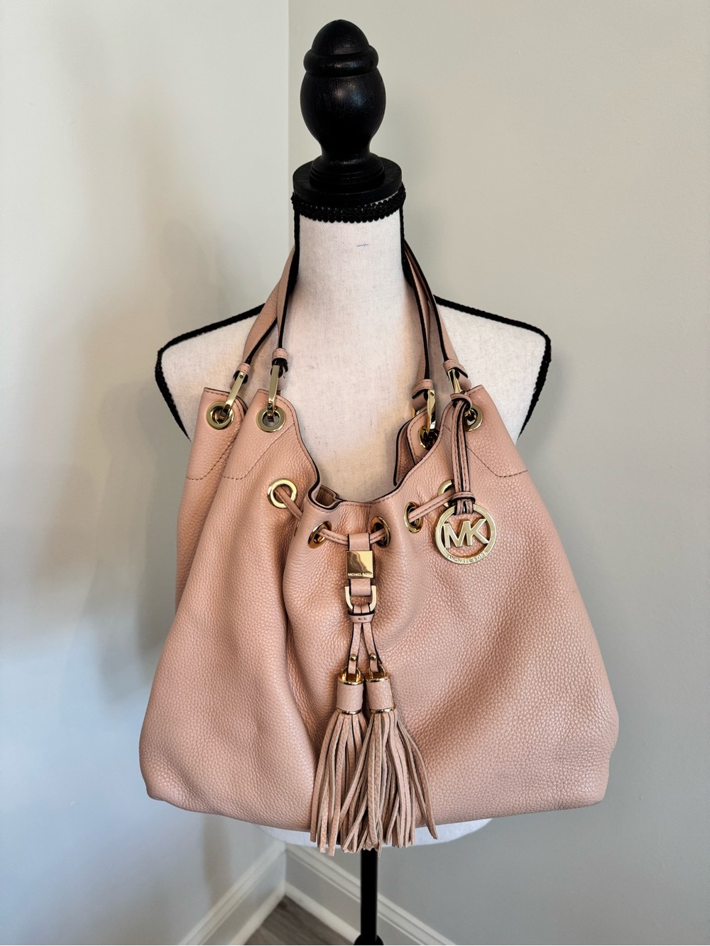 Michael Kors Blush Pink Pebbled Leather Tassel Drawstring Hobo